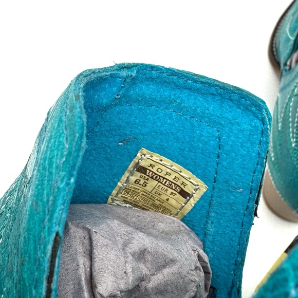 Roper Rowdy Western Booties Turquoise Leather Embroidered Ankle Boot Size 6.5 - Picture 6 of 9